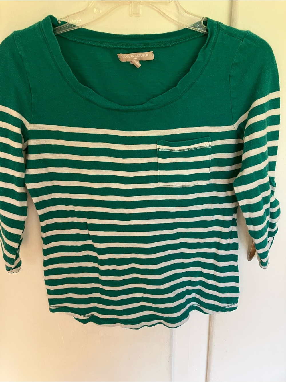 Banana Republic Green and White Striped Scoop Neck Top with Pocket